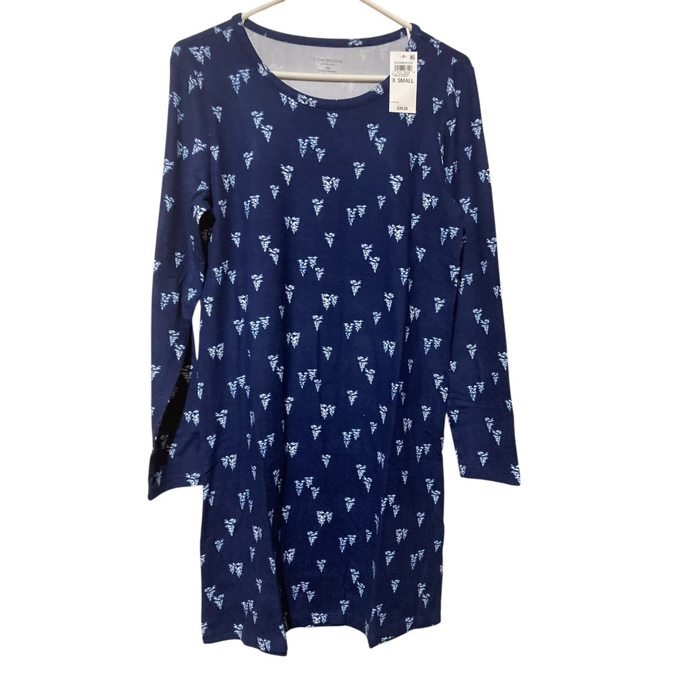 Charter Club Intimates Navy Forest Stroll Long Sleeve Nightgown XS NEW